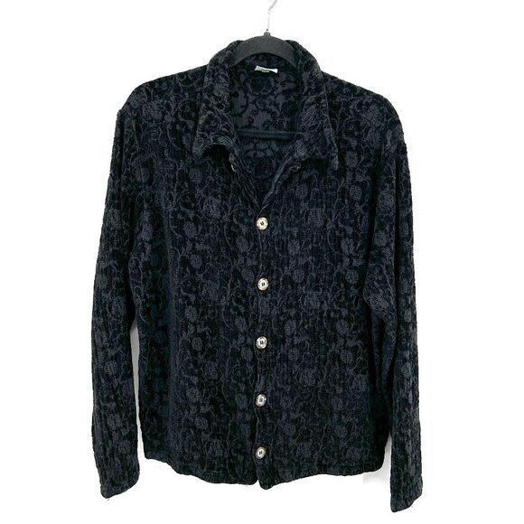 CP SHADES Vintage Black Floral Velvet Long Sleeve Button Up Shacket Top Large - Picture 1 of 7